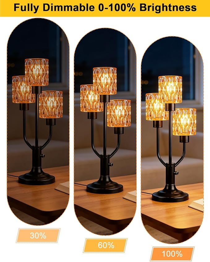 Mid Century Modern Table Lamp for Living Room Dimmable Nightstand Lamp Vintage Black Desk Lamp with Brown Glass 3 Bulbs Included Warmwhite Ambient Bedside Lamps for Bedroom Office Home Decor
