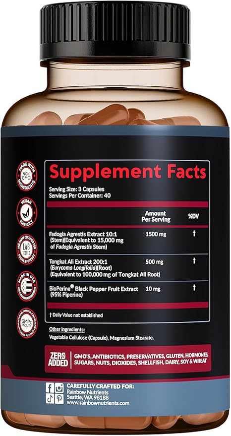 Fadogia Agrestis with Tongkat Ali + BioPerine® [Max Absorption + 2010 mg's] - Supports Stamina, Strength, Focus, Muscle Health & Recovery, Drive & Performance - Non-GMO & Made in USA - 120 V Capsules