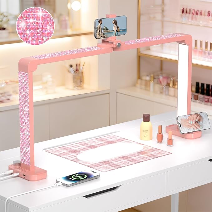 Half Moon Light for Nail Desk with Phone Holder, Large Square Nail Lamp for Desk, Professional Manicurist Desktop Lamp, LED Light Suitable for Manicures, Tattoos, and Sewing, Rhinestone Pink