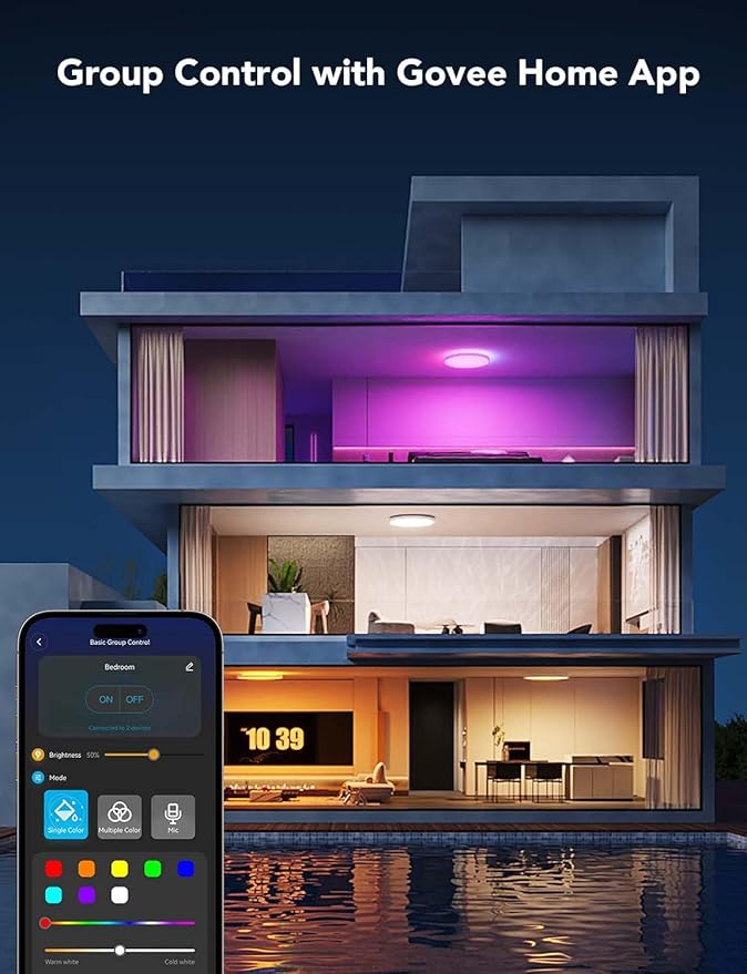 Govee Smart Ceiling Light, RGBIC LED Ceiling Light Fixture, 2400LM Flush Mount Light Fixture, DIY Colors, Works with Matter Alexa, 2700K-6500K Lights for Bedroom, Living Room,12 Inch, 1 Pack (White)