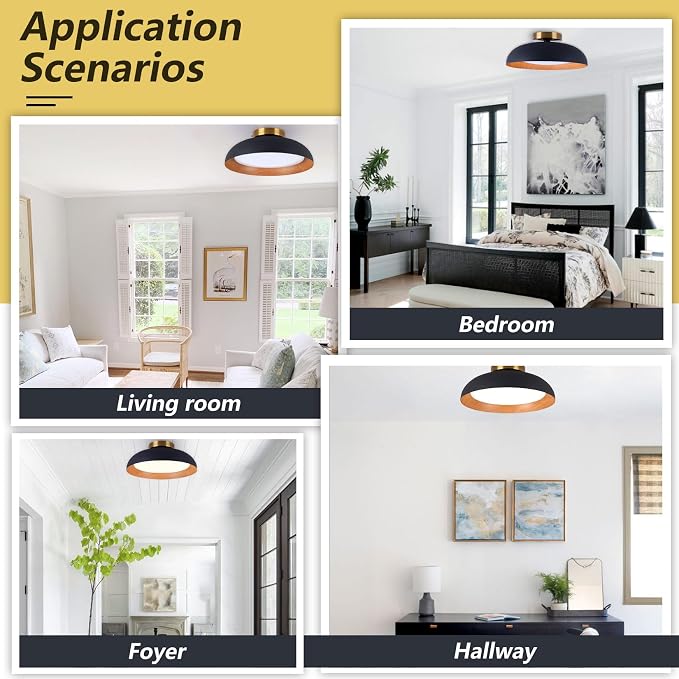 Bargeni Flush Mount Ceiling Light, Mid Century Black Wood Ceiling Light | 12.5" selectable 2700K-6000K, smooth dimming, matte black finish with wood accent, ideal for hallway, bedroom and kitchen