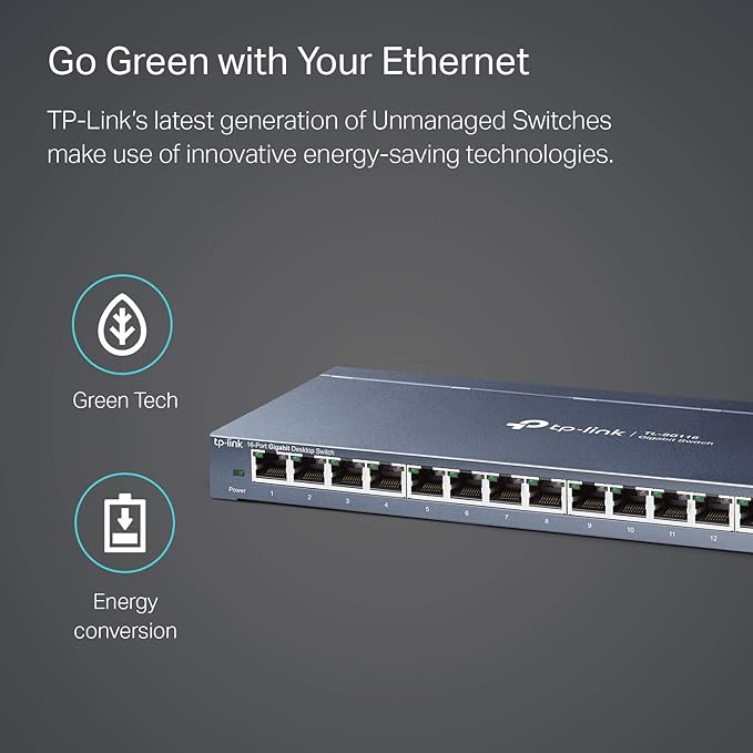 TP-Link 16 Port Gigabit Ethernet Network Switch, Desktop/ Wall-Mount, Fanless, Sturdy Metal w/ Shielded Ports, Traffic Optimization, Unmanaged (TL-SG116)