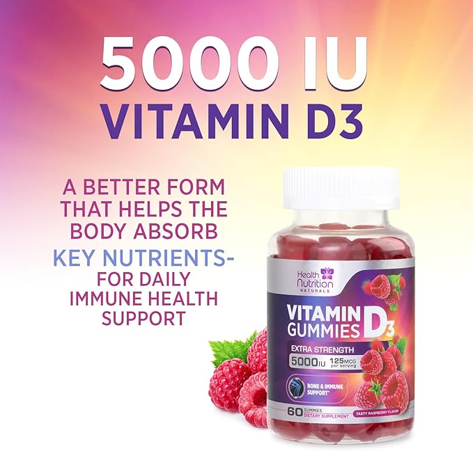 Vitamin D3 Gummies 5000 IU (125 mcg) - 3X Strength Immune Support and Bone Support, Vitamin D Gummy Dietary Supplement, Nature's Berry D Vitamin Supplement, Raspberry Flavored, Non-GMO - 60 Gummies