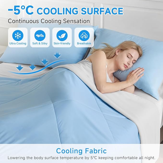 HOMFINE Cooling Comforter Japanese Double-Sided Arc-Chill Cold Tech Fabric Cooling Blanket for Night Sweats Hot Sleepers, Q-Max 0.45 Soft Breathable Silk Smooth Lightweight Blue Summer Comforter King