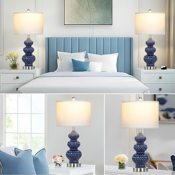 Cinyirong 26" Blue Table Lamp Set of 2 with Rotary Control, Ceramic Table Lamps Classic Beside Lamps Nightstand Lamp Modern Table Lamp for Living Room,LED Bulbs Included