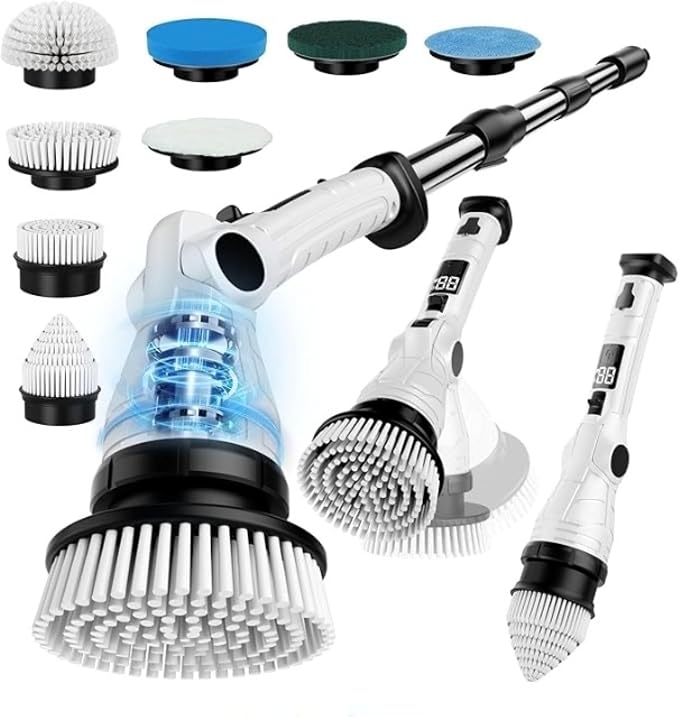 Electric Spin Scrubber, 3-Speed 6 Adjustable Head Power Scrubber for Cleaning Bathroom, 8 Brush Heads & 54" Long Handle, Cordless Scrubber with LCD Display Shower Scrubber for Grout Tile Floor Tub Car