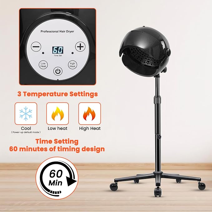 Hooded Hair Dryer, Stand Hair Dryer, Professional Hooded Dryer on Wheels with Digital Display, Touch Controls and 3 Temperature Settings for Salon and Home Use - Black