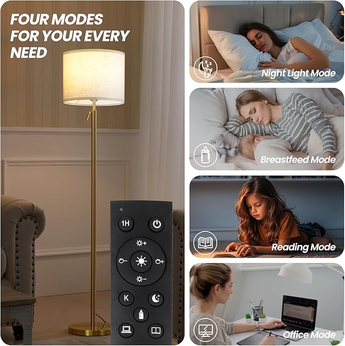 Modern Floor Lamp for Living Room and Bedroom- 55"-67" Height Adjustable Standing Lamps with Dimmable LED Bulb and Remote Control-Bright Tall Stand Light with Shade for Corner Lighting （Gold）