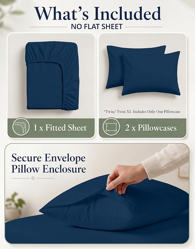 LANE LINEN 100% Organic Cotton Fitted Sheet Full Size Set (No Flat Sheet) - Soft & Breathable Percale Weave Fitted Sheet Set - 15'' Deep Pocket For Snug Fit To Mattress - GOTS Certified - Navy