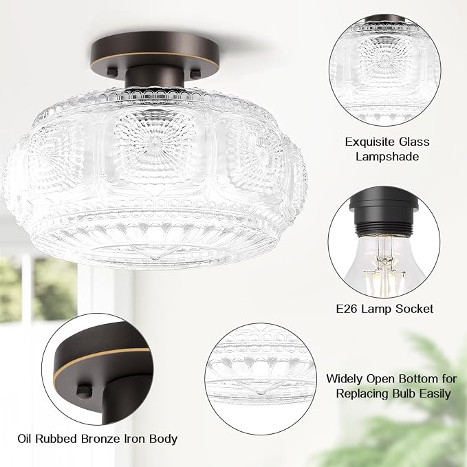 Semi Flush Mount Ceiling Light, Upgraded Larger Bronze Glass Ceiling Light Fixture, Vintage Lighting for Hallway Kitchen Bedroom Dining Room, Bulb Not Included