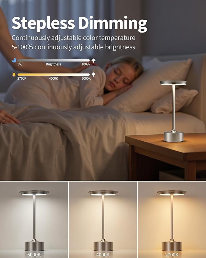 PUSU Rechargeable Table Lamps Set of 2, Nickel Cordless LED 4000mAh Battery Desk Lamp, Stepless Dimming & 3 Color 2700K-6000K, Portable Lamp for Bedroom, Living Room, Restaurant, Outdoor, Night Light