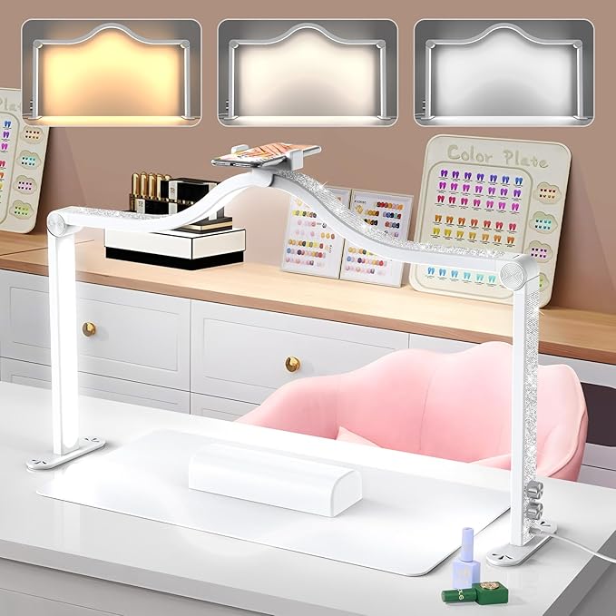 Yokilly Arc Half Moon Light: 34" Shadow-Free Half Moon Light for Desk Salon - Foldable LED Desk Lamp with Stepless Brightness for Manicurist (White)