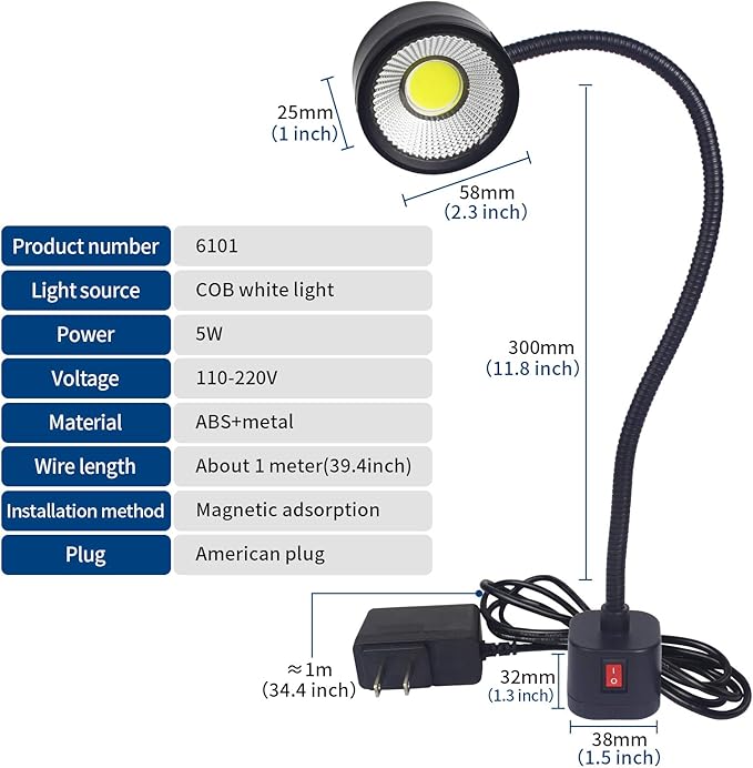 Led Magnetic Work Light 300mm Flexible Gooseneck lamp 500 Lumens 120 Volt for Sewing Machine Lathe Milling Drill Press Industrial Lighting