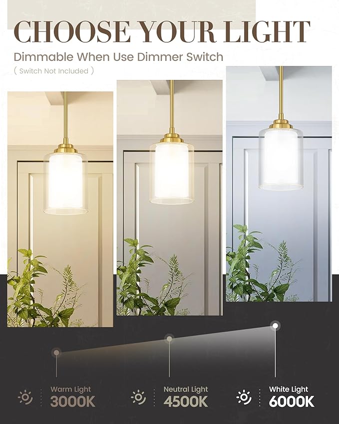 TENGXIN Modern Pendant Light,6-in Brushed Gold Modern Pendant Light for Kitchen Island,Hanging Ceiling Light Fixture,Farmhouse Pendant Lighting for Dining Room Bedroom Bar Office 2Pack,TXPLBG02-2PK-L