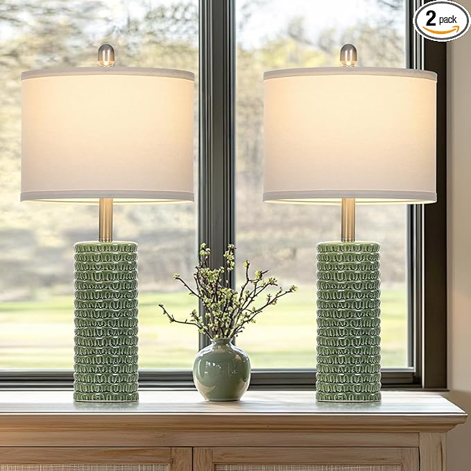 Cinyirong 24.5" Green Ceramic Table Lamps Set of 2, Farmhouse Table Lamps for Living Room, Modern Lamps for Bedroom Night Stands, Traditional Nightstand Desk Lamps(LED Bulbs Included)