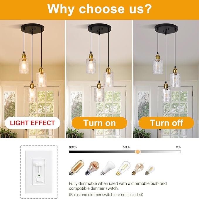 3-Light Pendant Light Fixtures, Black and Gold Pendant Lights Kitchen Island, Adjustable Pendant Lighting with Clear Hammered Glass Shade, Modern Hanging Light Fixtures for Dining Room, Hallway