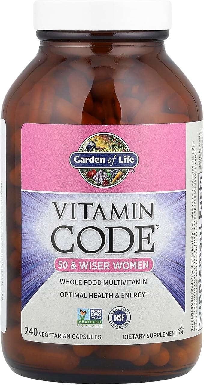 Garden of Life Vitamin Code Multivitamines pour Femmes de 50 ans et plus, Vitamines B, A, C, D3, E et K, CoQ10, Probiotiques et Enzymes, pour Femmes de 50 ans et plus, 240 Gélules