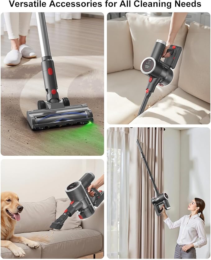 Cordless Vacuum Cleaner for Home, 6-in-1 Stick Vacuum Cordless Rechargeable with LED Display & Green Floor Lights, Lightweight Vacuum Cleaners for Home Pet Hair Hardwood Carpet - Silver