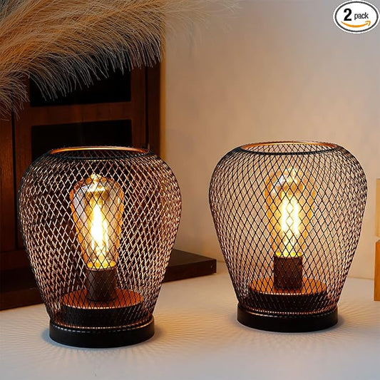 JHY DESIGN Set of 2 Metal Cage LED Lantern Battery Powered Lamp Cordless Accent Light with LED Edsion Style Bulb Great for Weddings Patio Events for Indoors Outdoors（Diamond Shape