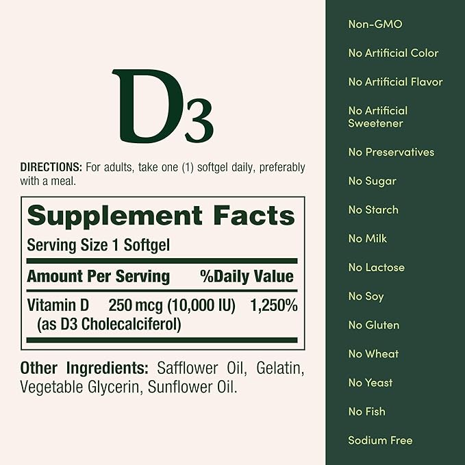 Nature's Bounty Vitamin D for Immune Support, Vitamin D Provides Immune Support and Promotes Healthy Bones, 10000IU, 72 Softgels (Pack of 2)