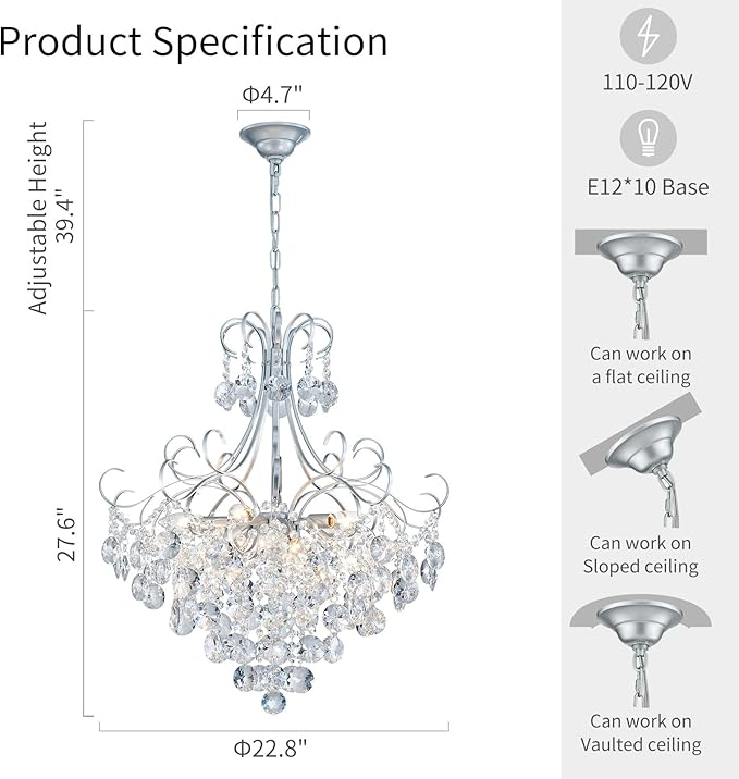 ANJIADENGSHI Crystal Chandelier K9 Crystal Lighting Chandelier for Living Room 10 E12 Bulbs High 27.6 in x Diameter 22.8 in, Silvery