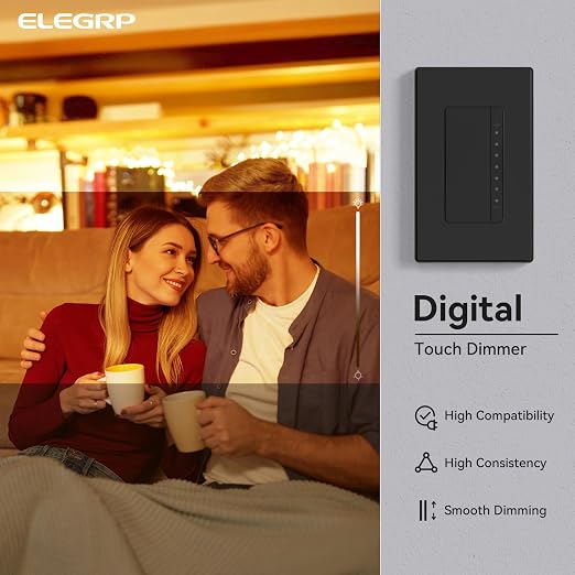 ELEGRP Dimmer Switch, Digital Dimmer Light Switch for LED Lights 150W, INC/HAL 450W, Single Pole LED Dimmer Switch, Needs Neutral Wire, Wall Plate Included, UL Listed, 1 Pack, Matte Black