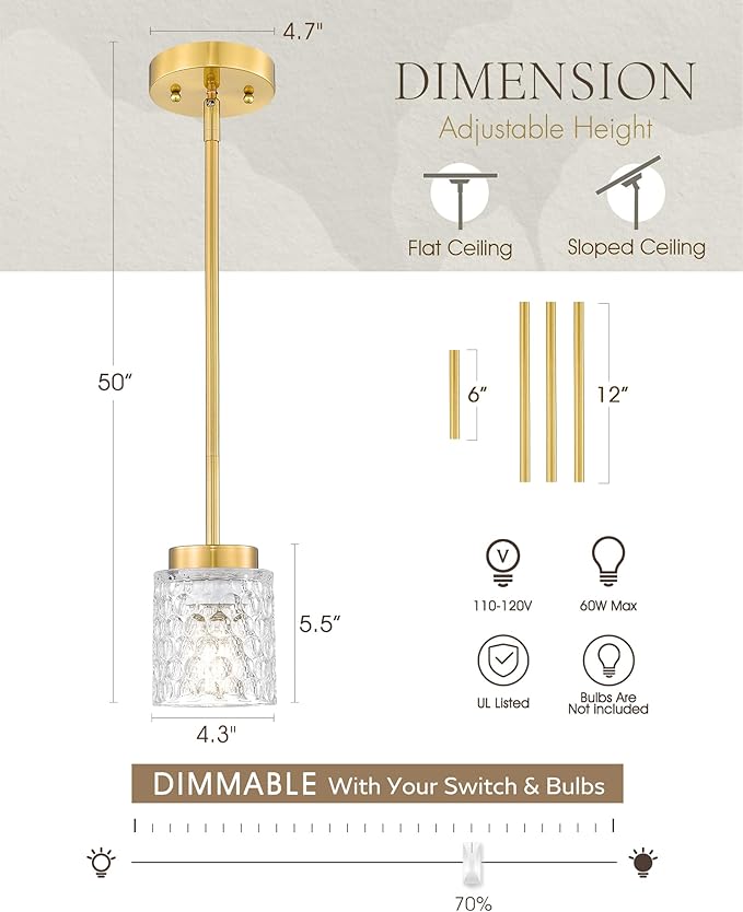 FEMILA Gold Pendant Light, 4" Pendant Light Fixtures, Kitchen Island Lighting, Hammered Glass, E26 Base, 4FY86MIL BG