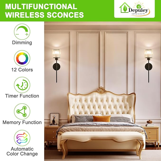 Depuley Wall Sconces Battery Operated: Set of 2 Wireless Crystal Wall Lights with Remote for Bedroom - Rechargeable 15 Colors Black Wall Lamp for Living Room Hallway Home Decor