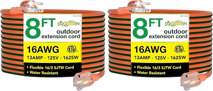 Go Green Power Inc. GG-13708 16/3 Heavy Duty Extension Cord-Orange, 8 ft (Pack of 2)