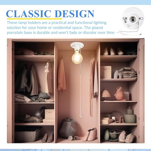 1 Pack Light Socket with Outlet and Pull Chain Light Fixture, Bulb Socket with Grounded Outlet, E27/e26 Base, Box Mount for Indoor Garage Closet Lighting (Porcelain)