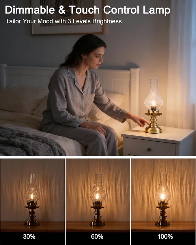 UMEXUS Vintage Rechargeable Cordless Table Lamp with Dimmer & Touch Control, Small Battery Powered Lights, Hand-Blown Glass Retro Farmhouse Lamp for Bedroom, Living Room, Dining Table, Kitchen (Clear)