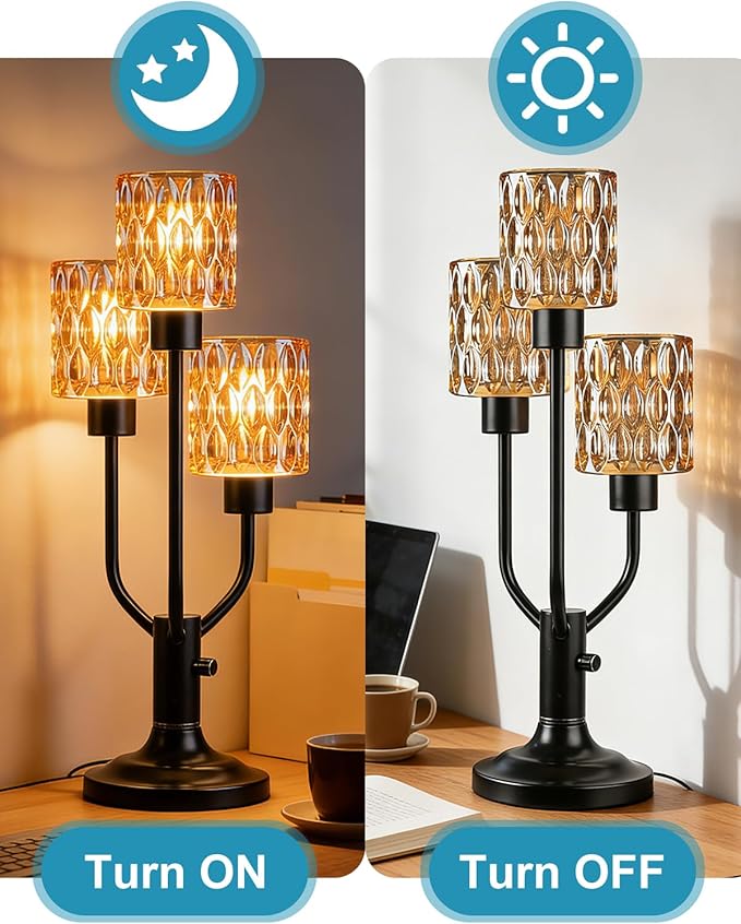 Mid Century Modern Table Lamp for Living Room Dimmable Nightstand Lamp Vintage Black Desk Lamp with Brown Glass 3 Bulbs Included Warmwhite Ambient Bedside Lamps for Bedroom Office Home Decor