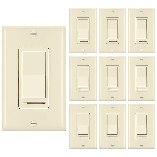 BESTTEN 10 Pack Almond Dimmer Light Switch, 3 Way or Single Pole Dimmer Switches, for Dimmable LED, Halogen and Incandescent Bulbs, 120V, Decorator Wall Plate Included, UL Listed