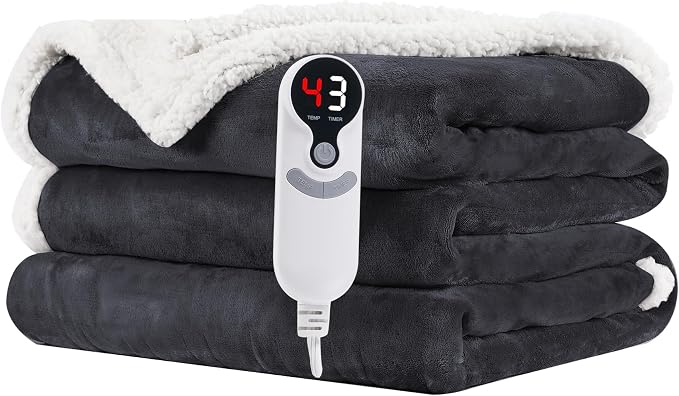 Electric Heated Blanket 62"x84" Twin Size, Dual-Sided Flannel & Sherpa, 9 Heat Settings & 1-10H Auto Off, Soft Warm for Home Office Bed Couch, Machine Washable, ETL Certified, Iron Gray