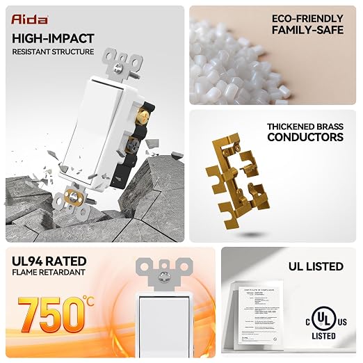 AIDA 4 Pack 4 Way Rocker Decora Light Switch, 15 Amp Self-grounding Electrical Light Switches, Residential Grade, UL Listed, Glossy White