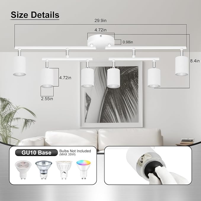 AUQUEE 6 Light Track Lighting Fixtures Ceiling, Matte White Kichen Track Lighting Fixtures with Rotatable Light Heads, Upgrade Light Poles, Modern LED Spot Lights for Kitchen/Hallway, No GU10 Bulb