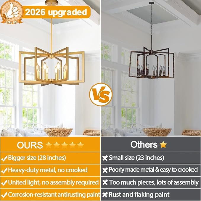 Lynnoland 25"-61" Height Adjustable Modern Gold Chandelier for Dining Room, No Assembly Required Gold Dining Room Light Fixture Over Table, Industrial Metal Pendant Lights Fixture for Kitchen Island