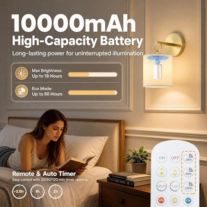 Detachable Wall Sconces Battery Operated With Hanging Hook,10000mah Battery Operated Wireless Wall Sconces Set of Two,12 RGB Gold Sconce With Remote,Renter Friendly Wall Lamps for Living Room,Bedroom