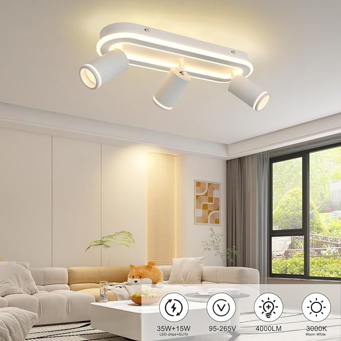 LED 3 Light Track Lighting Spotlight Kit, White Ceiling Spotlights, Modern Track Light Fixture with Flexibly Rotatable Light Heads, 35W+15W Dual Lighting for Kitchen Living Room,Includes 3 x GU10 Bulb