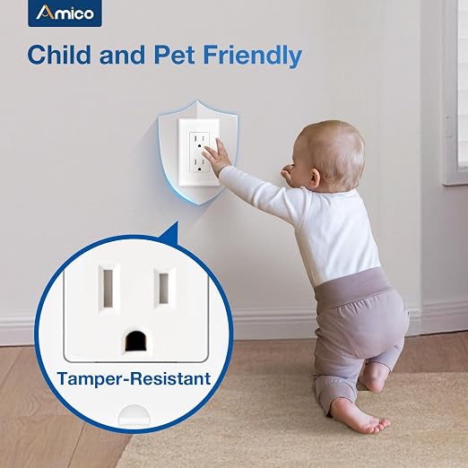Amico Wall Outlet, UL Listed, Tamper Resistant Standard Electrical Outlet, Decorator Receptacle, Suitable for Home and Business, 125V/1875W, White, 15 Amp - Screw Wall Plate, 100 Pack