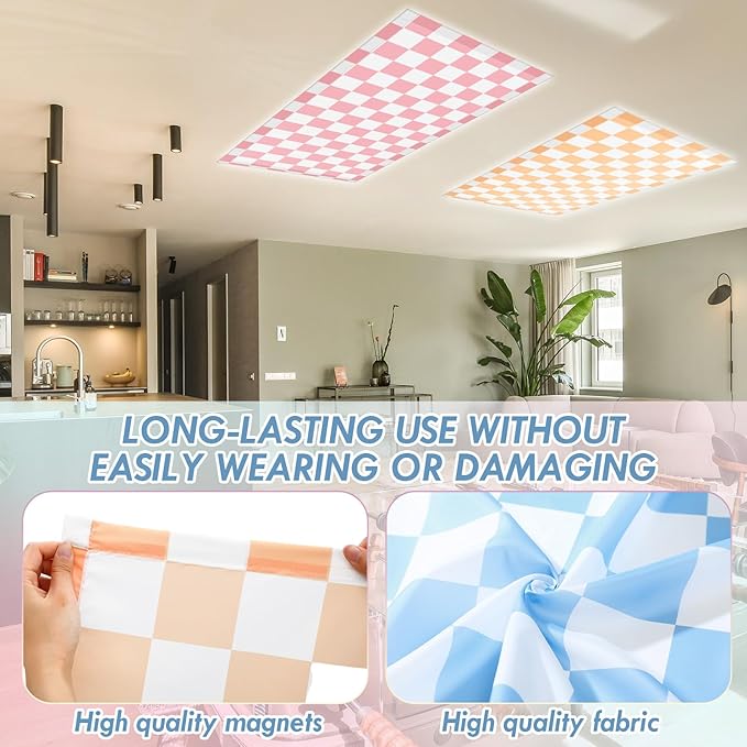 6 Pcs 4 x 2 Feet Fluorescent Light Covers Pastel Checkers Magnetic Light Cover for Ceiling Lights with 60 Magnets Decorative Magnetic Filters for Home Office Classroom Kitchen Decoration