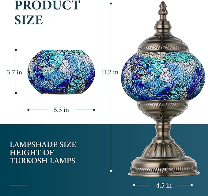 Marrakech Vintage Morrocan Lamp with Tiffany Style, Handmade Turkish Table Lamp with Bronze Base Including LED Bulb for Living Room Bedroom Decor (Shard Blue)