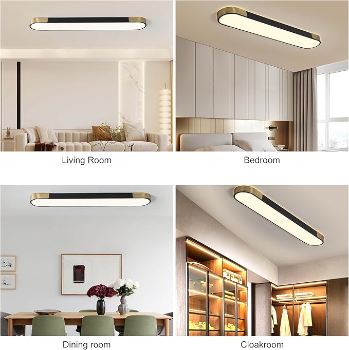 Qcyuui 4.59FT LED Flush Mount Kitchen Light Fixtures 65W Dimmable Flush Mount Ceiling Light Fixture Black and Gold Led Ceiling Light Linear LED Ceiling Lamp for Laundry Shop Garage Office