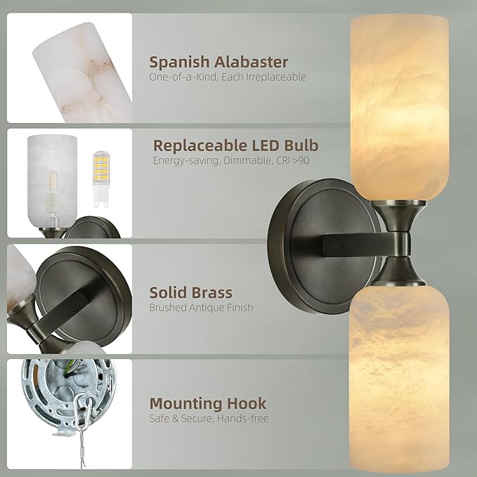 Alabaster Wall Sconce, Solid Brass Bronze Finish Sconce with Natural Spanish Alabaster, 14.4 in Bathroom Vanity Lights, Hardwired Wall Lamp for Bedroom Hallway Staircase, G9 LED Bulb