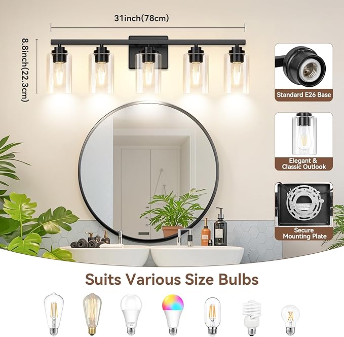 5-Light Matte Black Bathroom Light Fixtures, 31" Modern Vanity Lighting Fixture for Bathroom, Bathroom Vanity Lights Over Mirror with Clear Glass Shades, Wall Lamp for Mirror Living Room Bedroom Porch