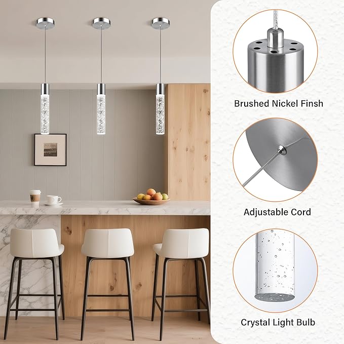 Pendant Lights Kitchen Island, 6500K Modern Kitchen Island Lights Brushed Nickel, 1 Pack Ceiling Lighting Fixtures with Crystal Bubble, Integrated LED Hanging Light for Dining Room Restaurant