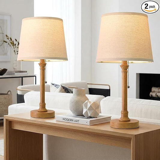 Oneach 19.5" Small Table Lamps Set of 2, Pull Chain Switch Bedside Metal Table Lamps, Modern Nightstand Lamp with Linen Shade, Rustic Lamp for Living Room, Bedroom, Home Office, Nursery