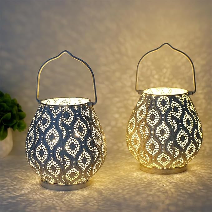 TRIROCKS Set of 12 Moroccan Decorative Lamps 8'' High Battery Powered Cordless Lamp Metal Table Lamps with Fairy Lights Bulb for Home Room Garden Yard Party Events Tabletop Indoor Outdoor(White)