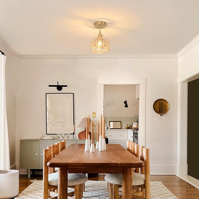 Shenmoyl Pendant Light with Amber Striped Glass Lmapshade, Brass Vintage Pendant Light Adjustable Hanging Light for Kitchen Island Dining Room Hallway