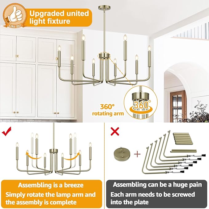 Lynnoland 8-Light Farmhouse Chandelier for Dining Room Lighting Fixtures Hanging, Brass Dining Light Fixtures Industrial Chandelier for Bedroom, Foyer, Hall, Kitchen, Living Room and Entryway